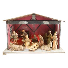 Vintage Italian Christmas Nativity Scene with 10 Traditional Figures and Wooden Stable
