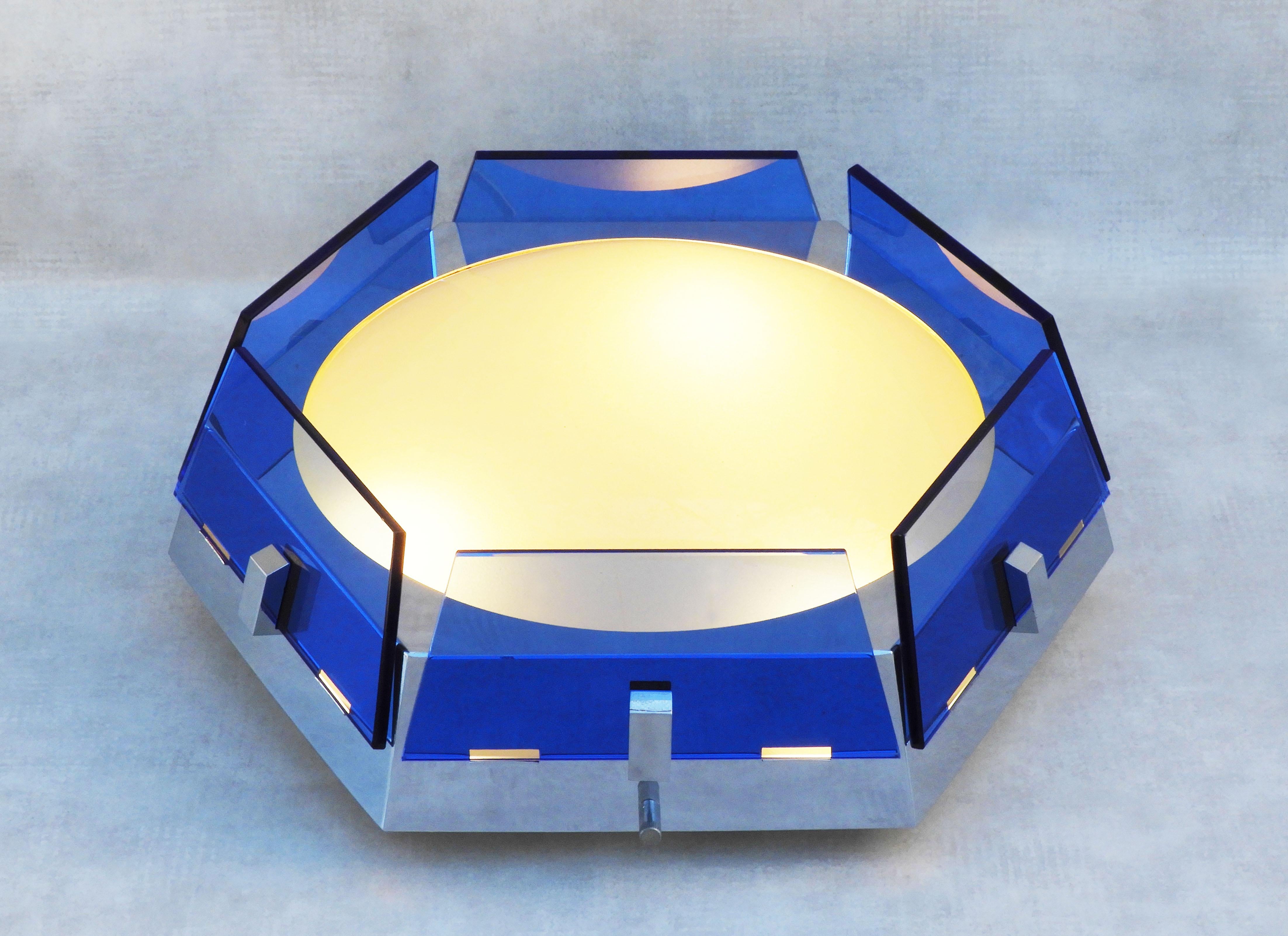 Italian Chrome and Blue Glass Light Fixture from Veca, circa 1970 In Good Condition In Trensacq, FR