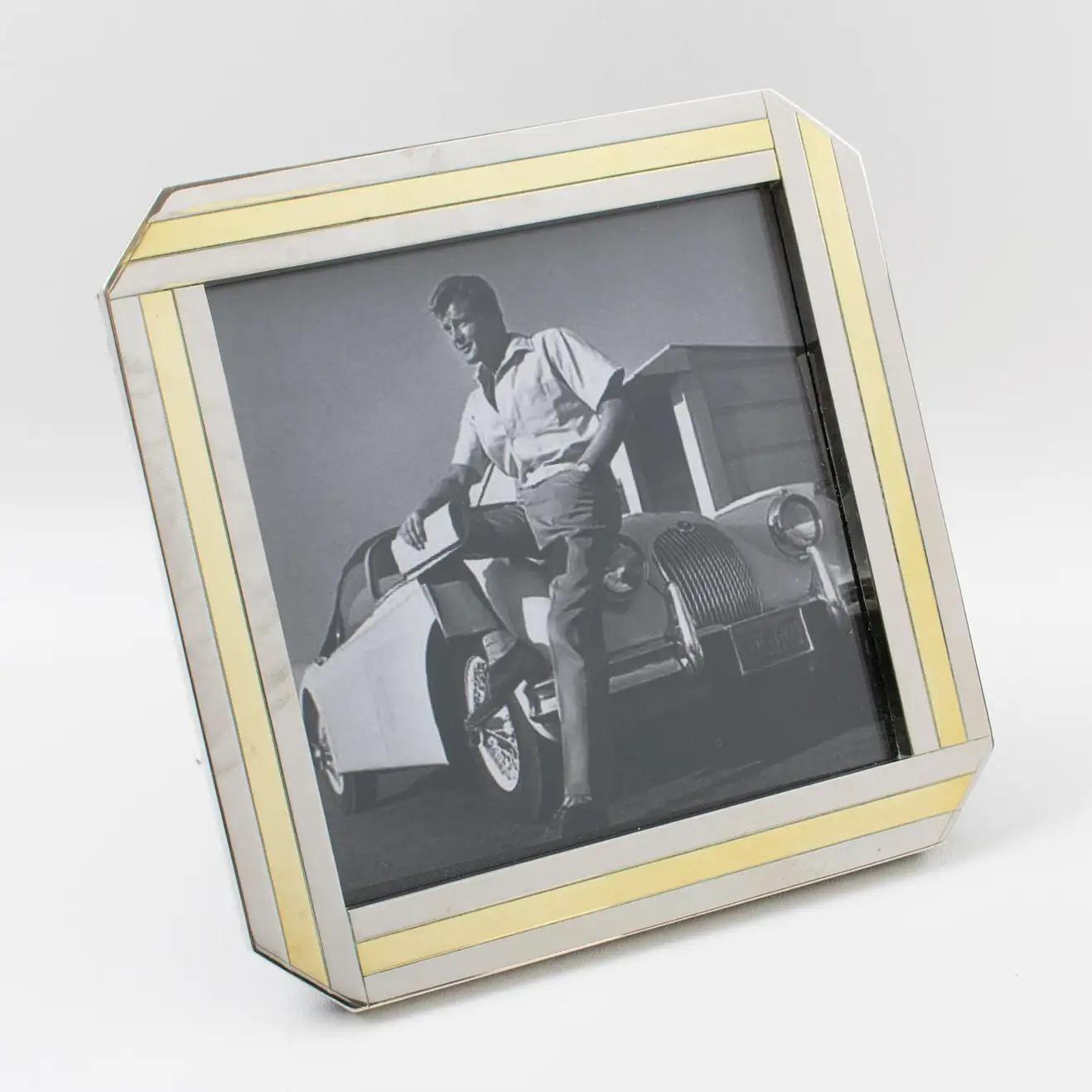 Mid-Century Modern Italian Chrome and Brass Geometric Picture Frame, 1970s For Sale