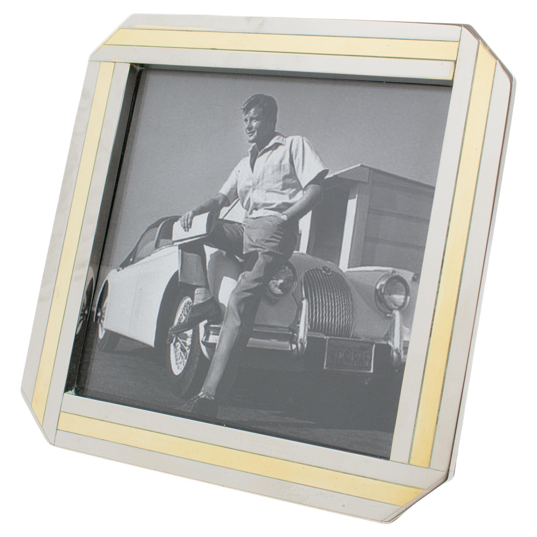 Italian Chrome and Brass Geometric Picture Frame, 1970s For Sale
