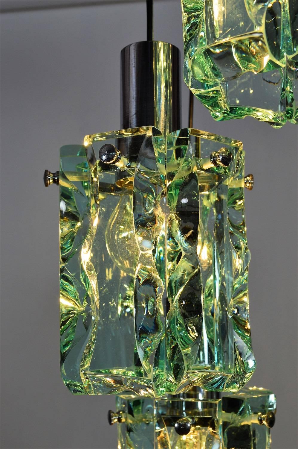 Mid-Century Modern Italian Chrome and Crystal Glass Pendant Fontana Arte Style, 1960s