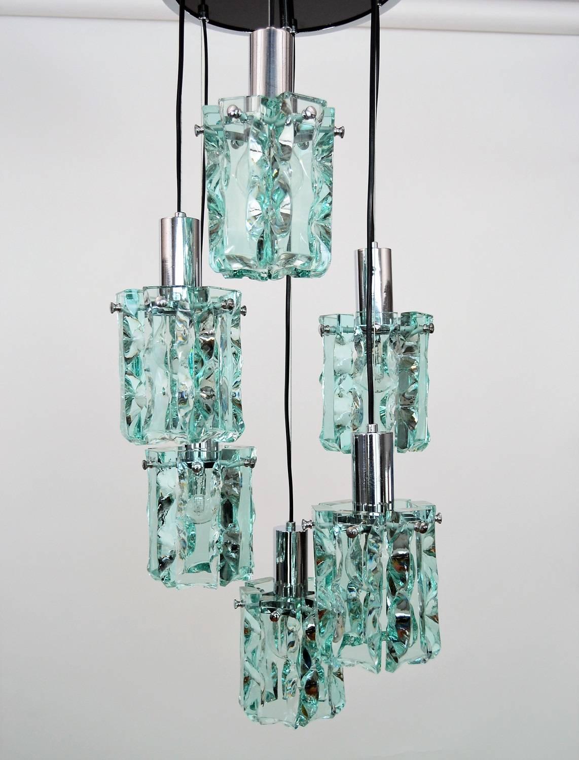 Italian Chrome and Crystal Glass Pendant Fontana Arte Style, 1960s In Good Condition In Morazzone, Varese