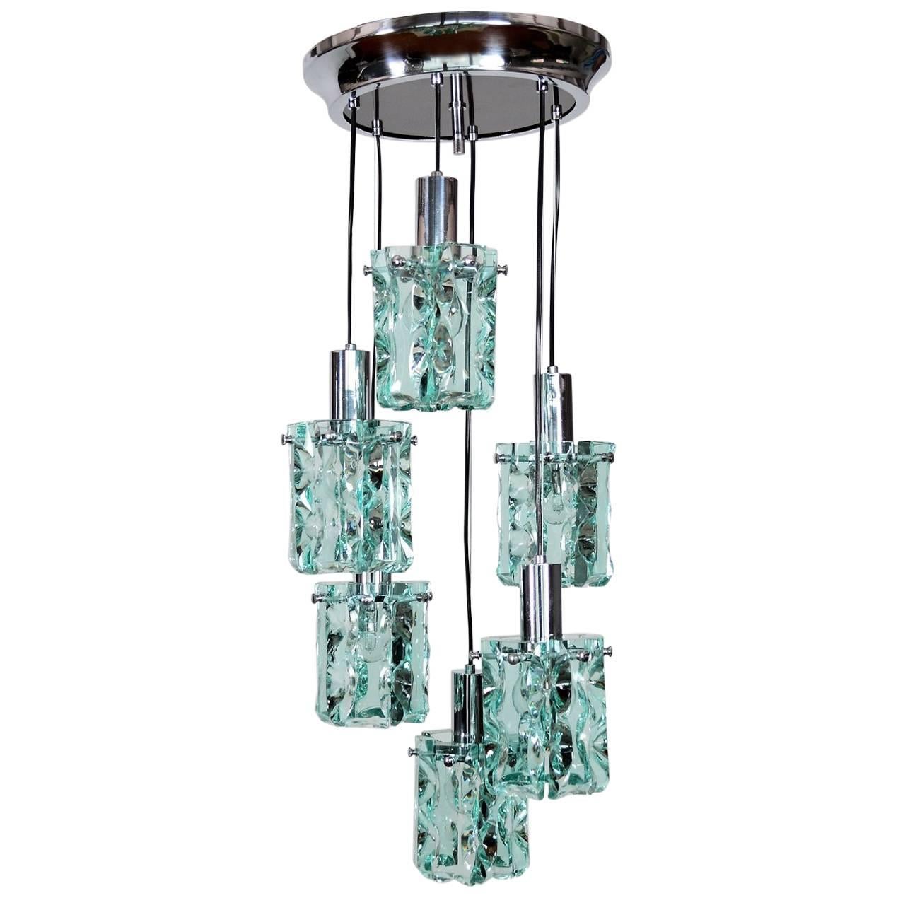 Italian Chrome and Crystal Glass Pendant Fontana Arte Style, 1960s