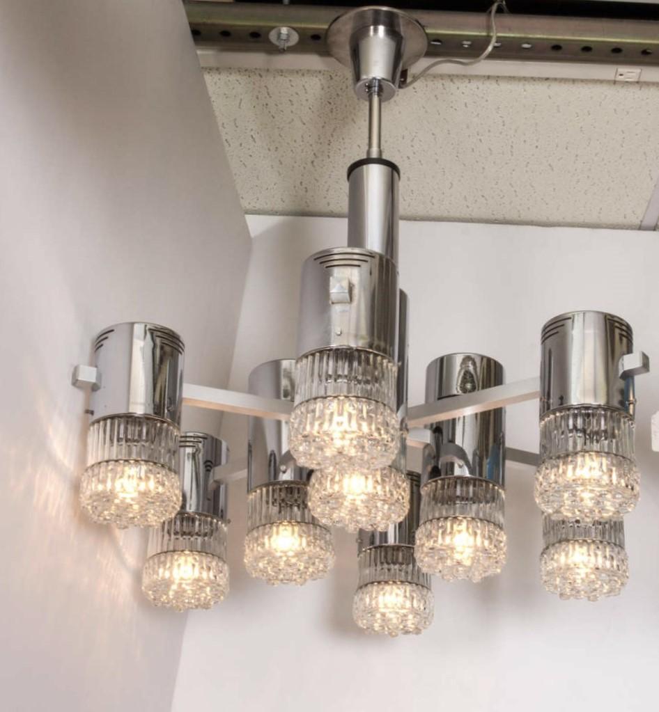 Mid century Italian Chrome and Glass Nine-Light Chandelier In Good Condition For Sale In New York City, NY