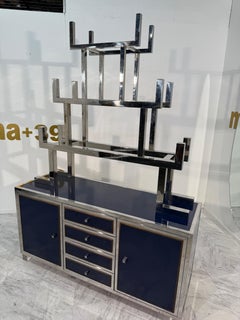 Italian Chrome and Lacquered Credenza with Geometric Bookshelf, 1970s