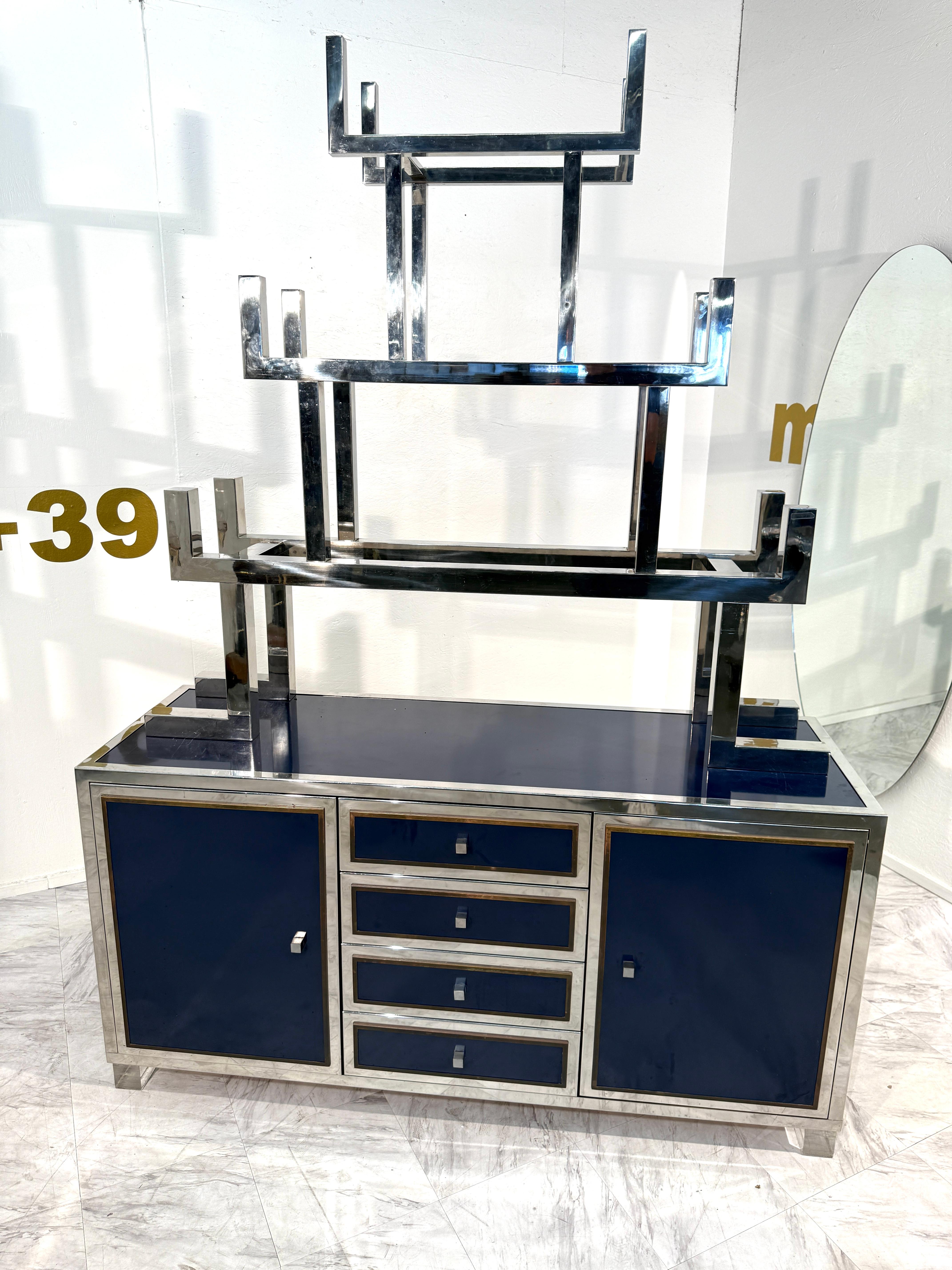 Modern Italian Chrome and Lacquered Credenza with Geometric Bookshelf, 1970s For Sale