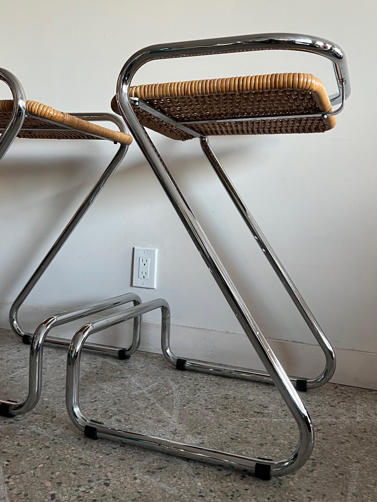 Italian Chrome And Wicker Bar Stools 1970's 3