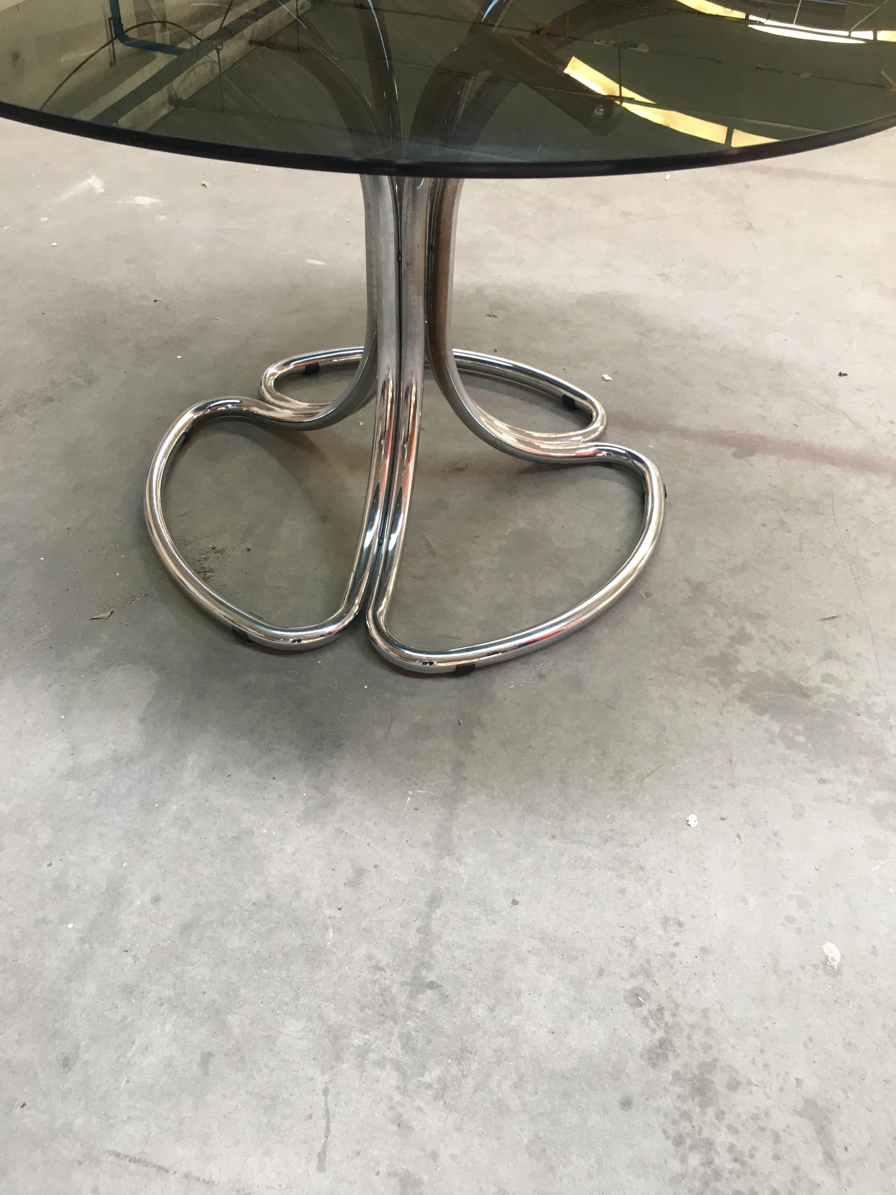 Mid-Century Modern Italian Chrome Base Smoked Glass Top Dining Table by Giotto Stoppino from 1970s