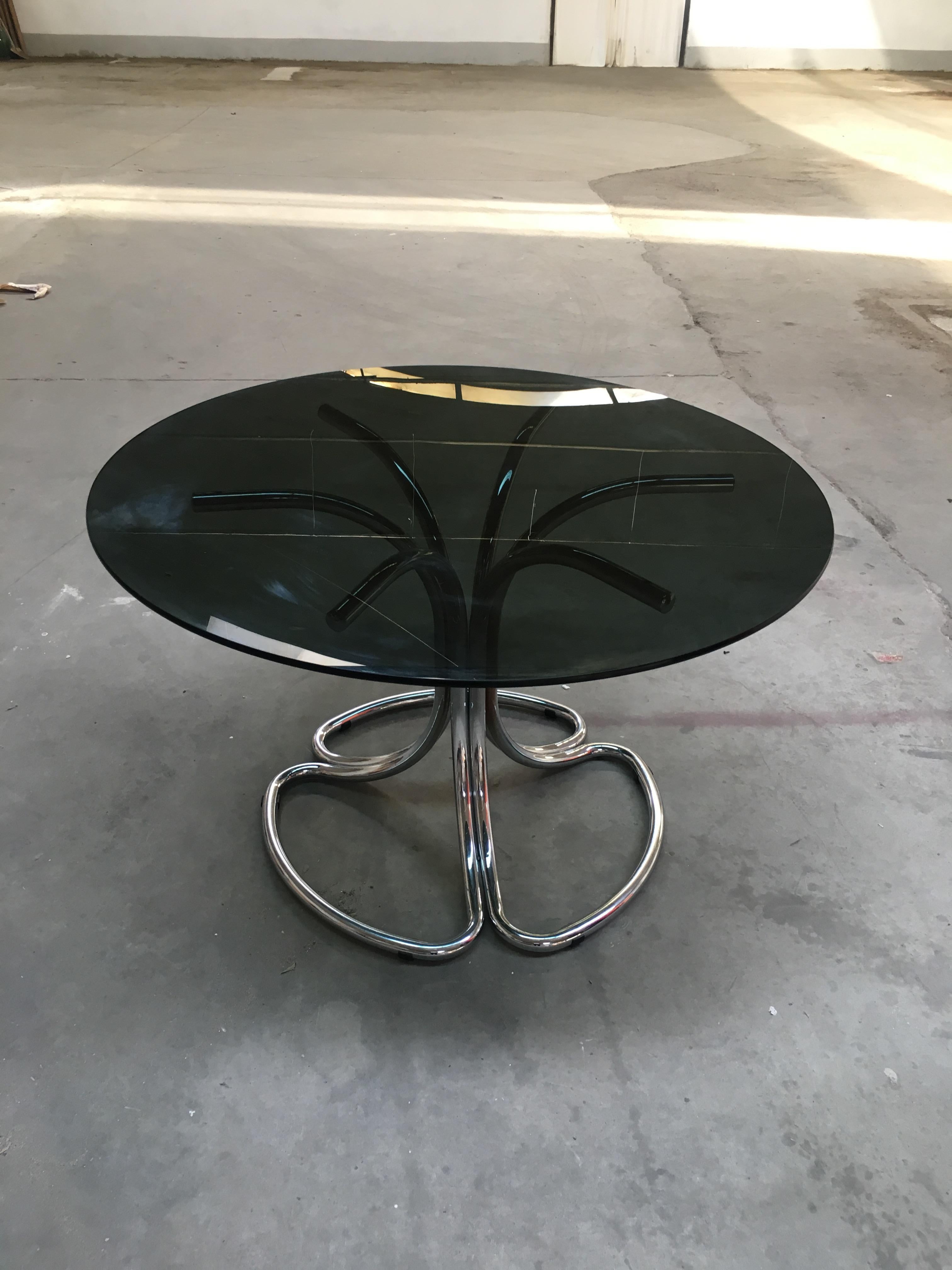 Italian Chrome Base Smoked Glass Top Dining Table by Giotto Stoppino from 1970s 1