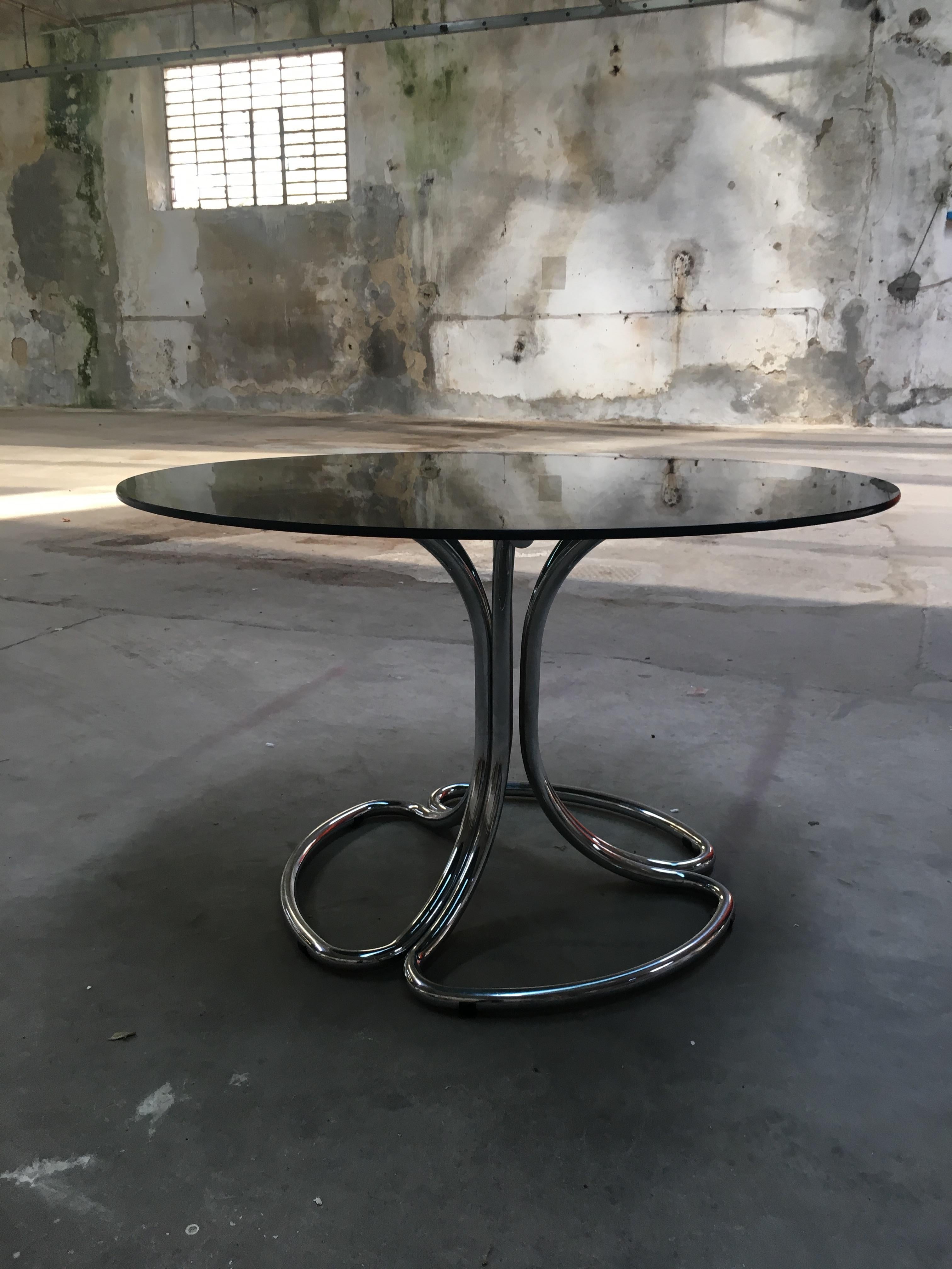 Italian Chrome Base Smoked Glass Top Dining Table by Giotto Stoppino from 1970s 2