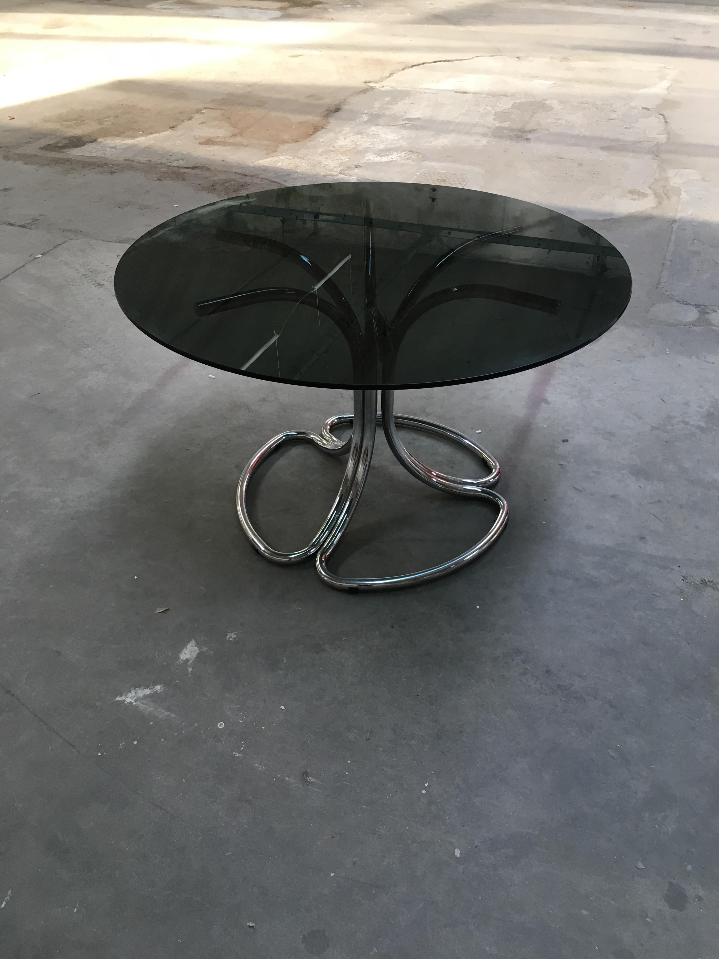Italian Chrome Base Smoked Glass Top Dining Table by Giotto Stoppino from 1970s 3