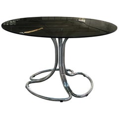 Italian Chrome Base Smoked Glass Top Dining Table by Giotto Stoppino from 1970s