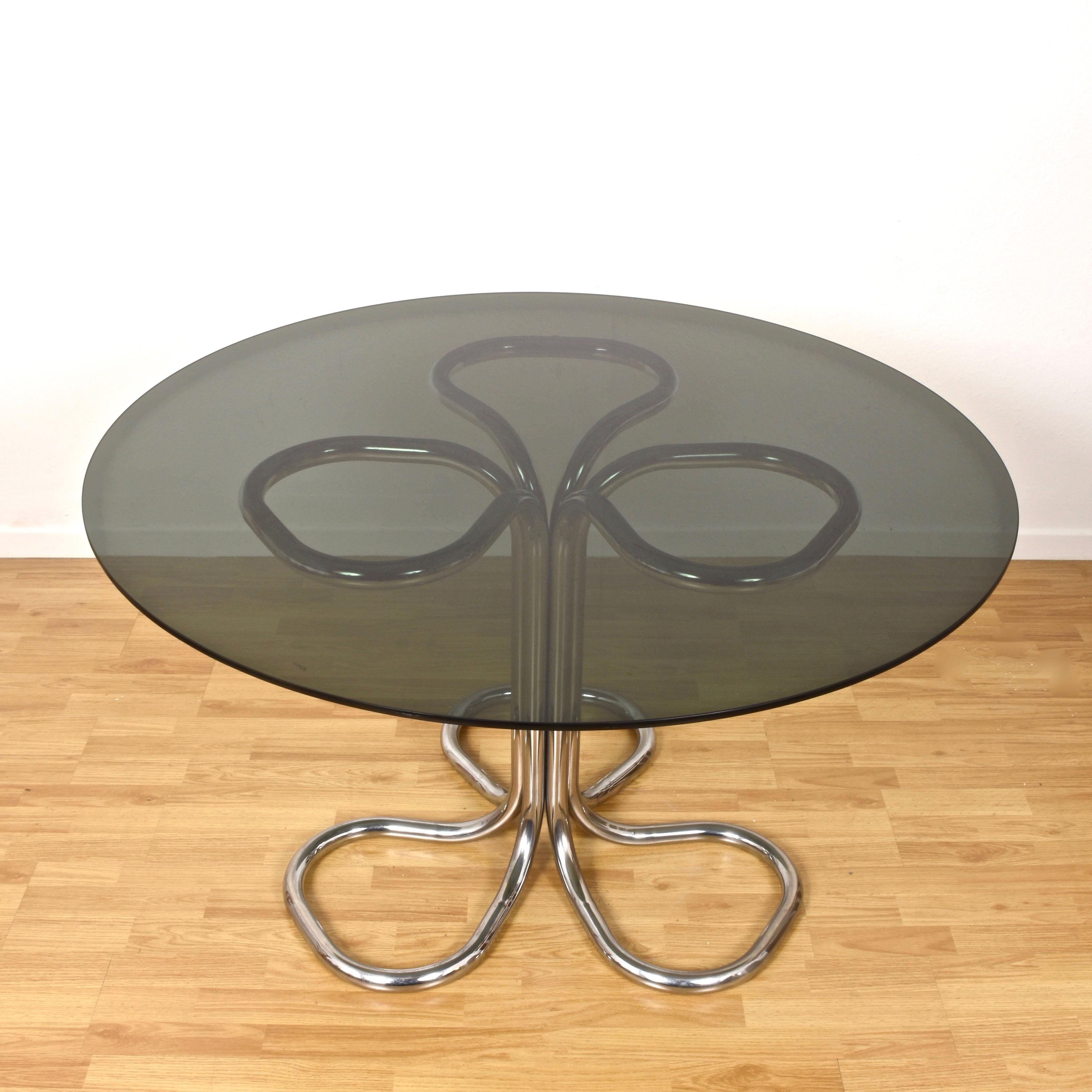 Mid-Century Modern Italian Chrome Base Smoked Glass Top Dining Table, Giotto Stoppino, Italy, 1970s