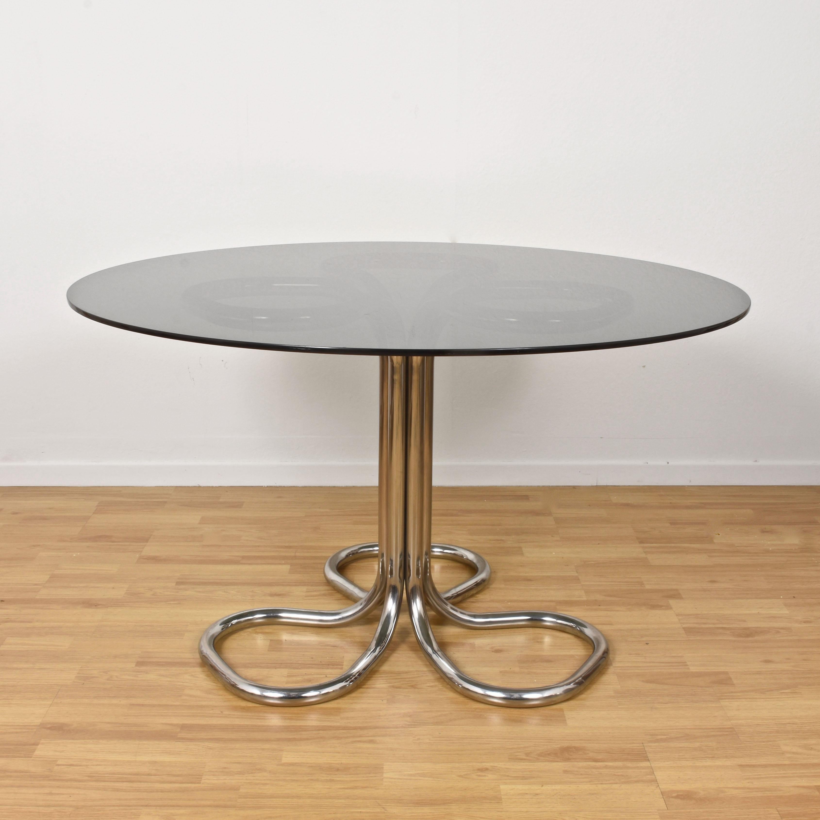 Late 20th Century Italian Chrome Base Smoked Glass Top Dining Table, Giotto Stoppino, Italy, 1970s