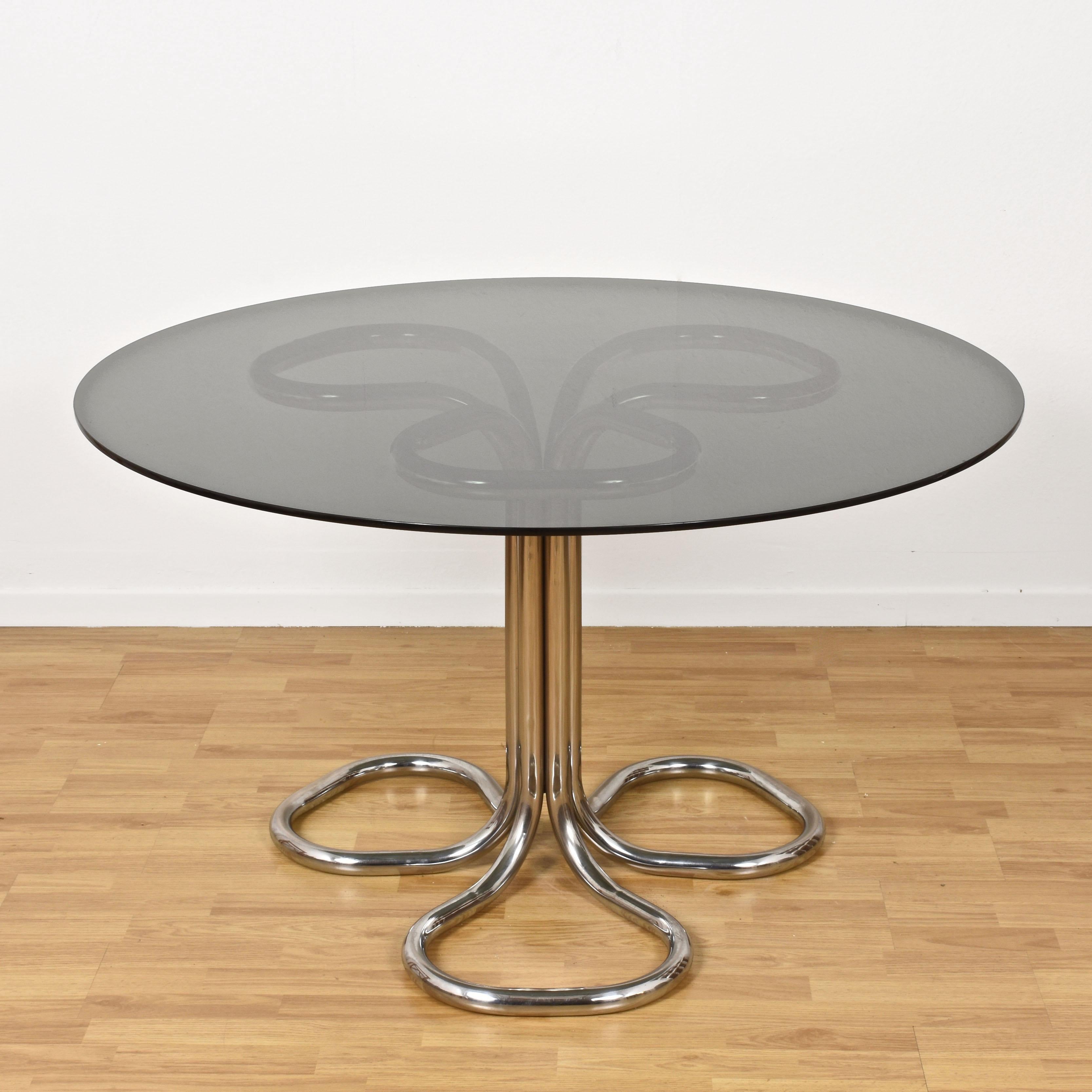 Italian Chrome Base Smoked Glass Top Dining Table, Giotto Stoppino, Italy, 1970s 1