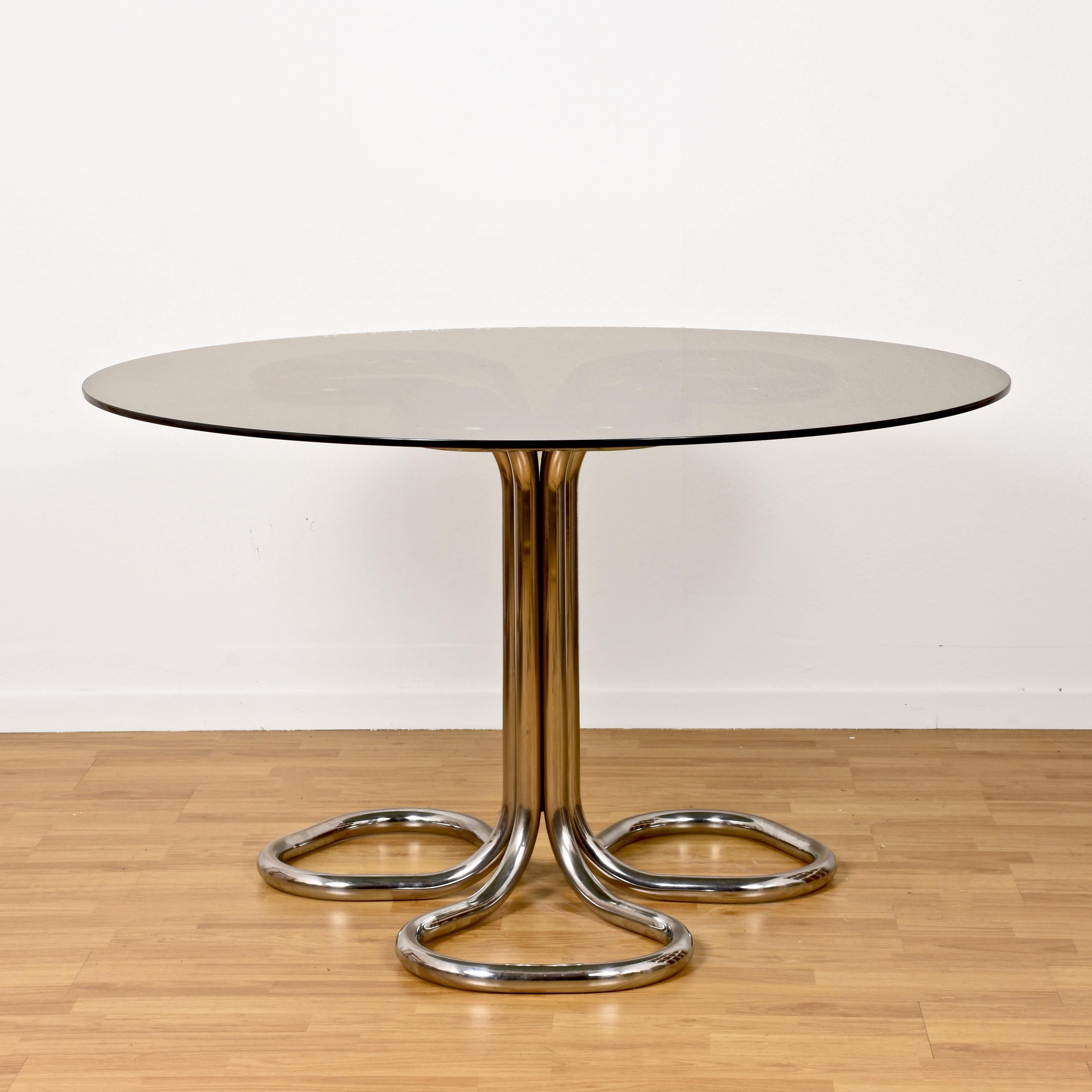 Italian Chrome Base Smoked Glass Top Dining Table, Giotto Stoppino, Italy, 1970s 3