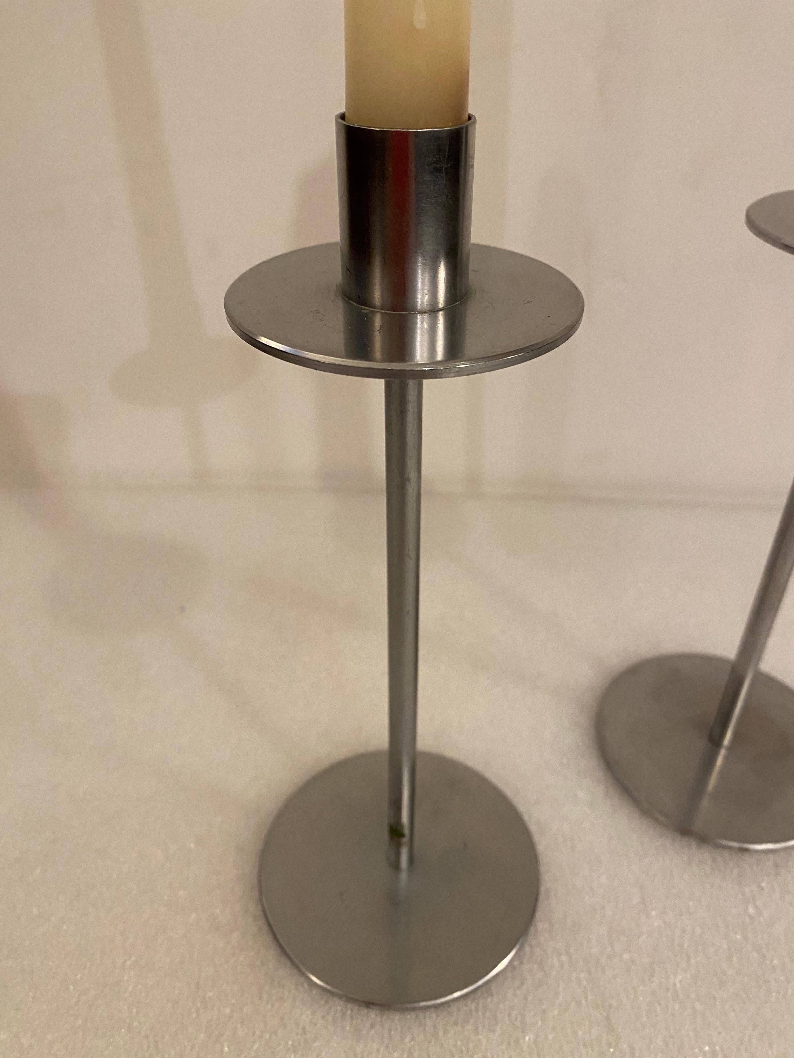 Pair of Italian Chrome Candlesticks probably dating to the 1960's.  Have an Sottsass Feel to them.  Marked Italy on bottom
