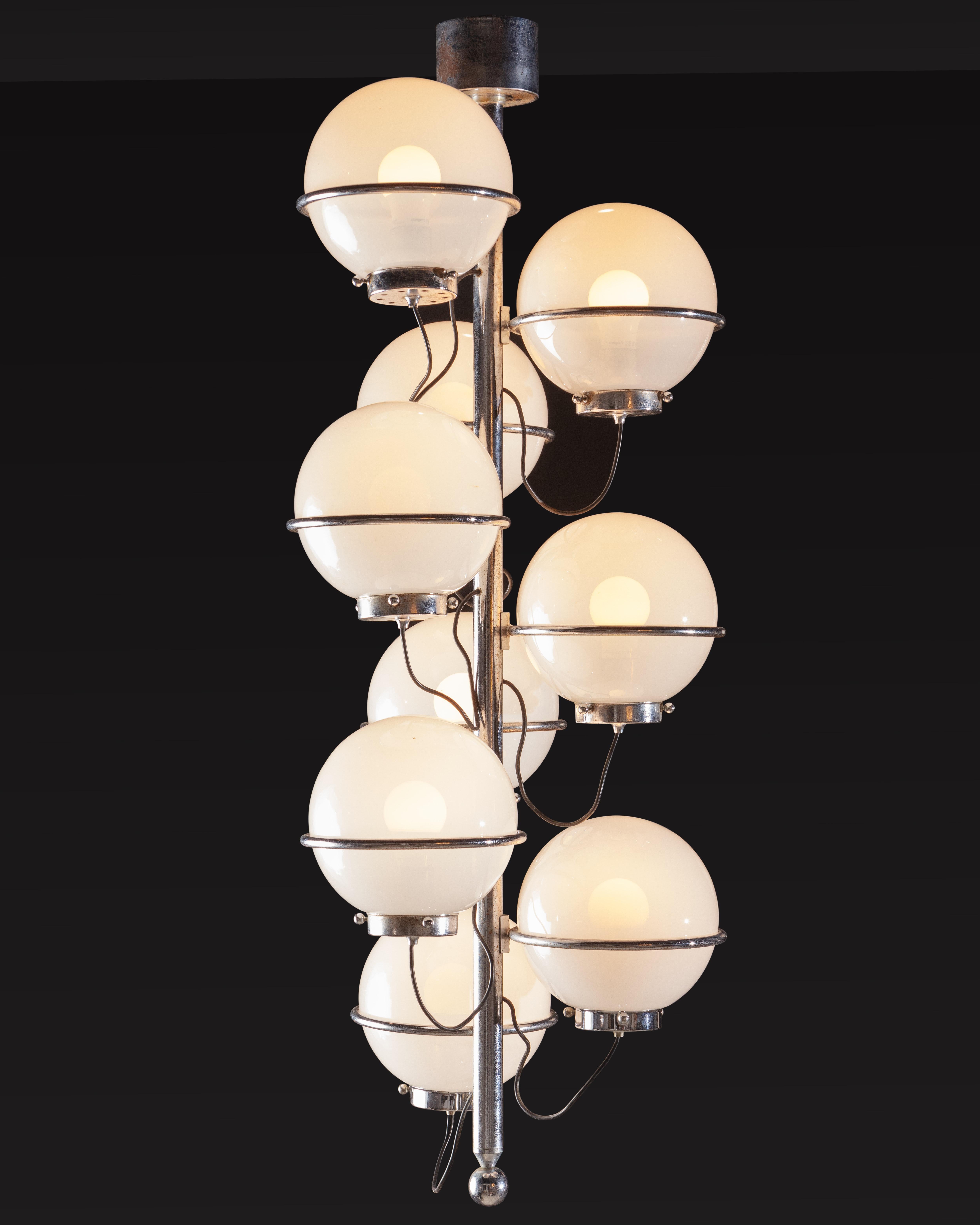 Midcentury Italian chrome light fixture in the style of Gino Sarfatti. Featuring 8 hand blown glass globes in an opaque white suspended in a chrome ring frame with exposed black wiring gathered into the central part of the chrome frame.