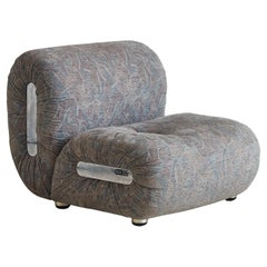 Italian Chrome Detail Lounge Chair in Original Blue Upholstery by Cibox, 1970s