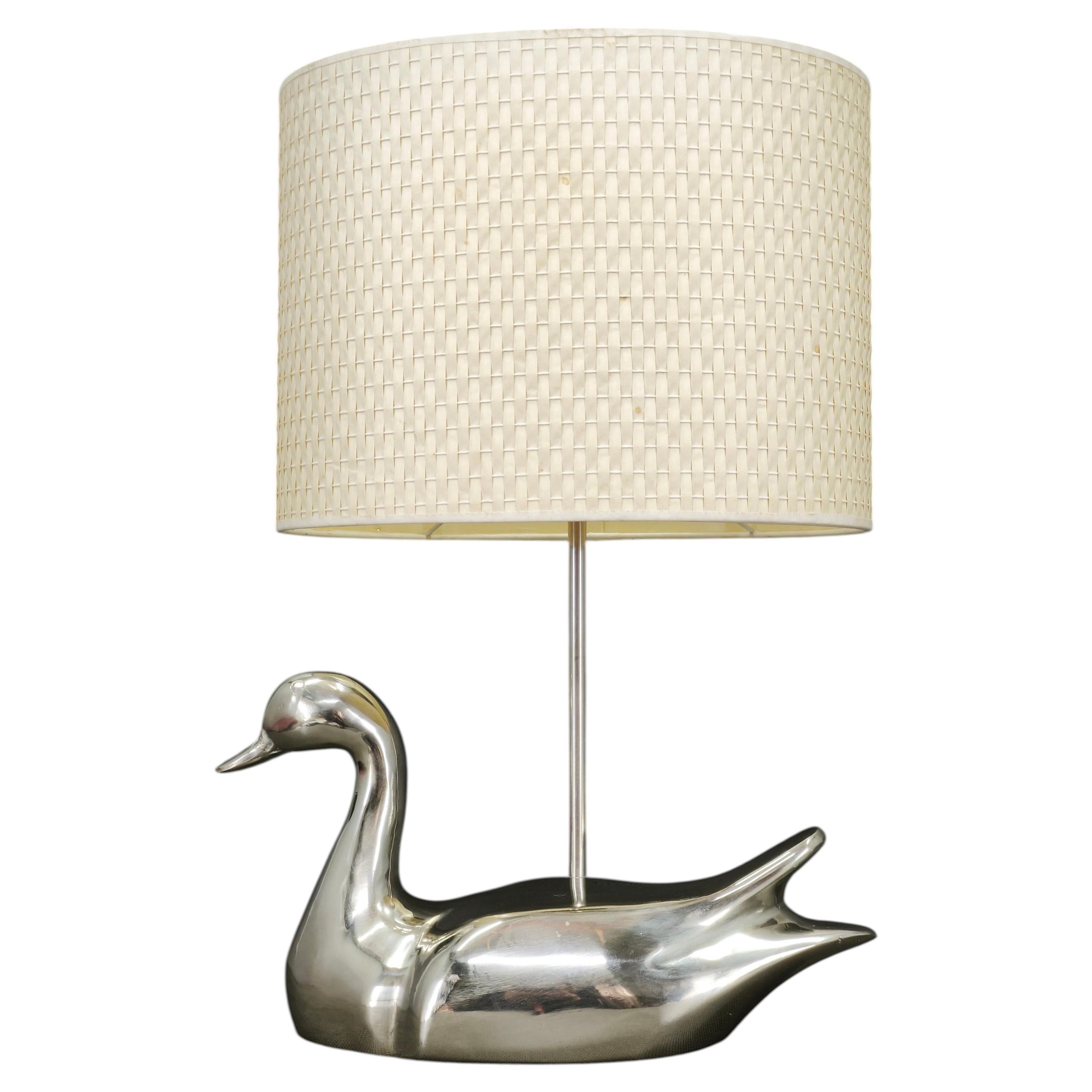 Italian Chrome Duck Table Lamp with Original Shade, 1970s