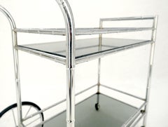 Italian Chrome Faux Bamboo Smoked Glass Two Tiers Serving Cart Bar Table MINT