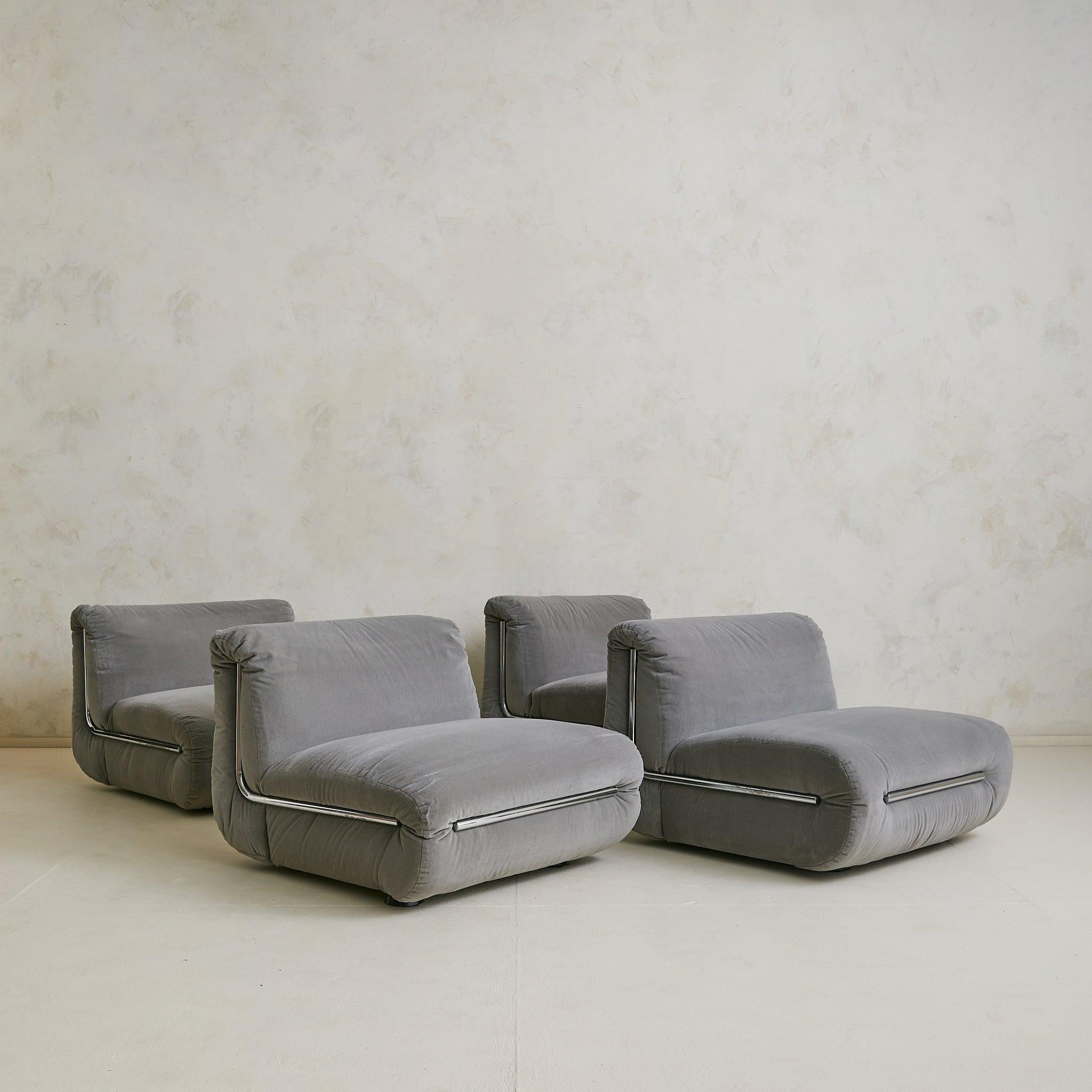 Moderne Italian Chrome + Gray Velvet Lounge Chair, 1970s - 2 Available en vente