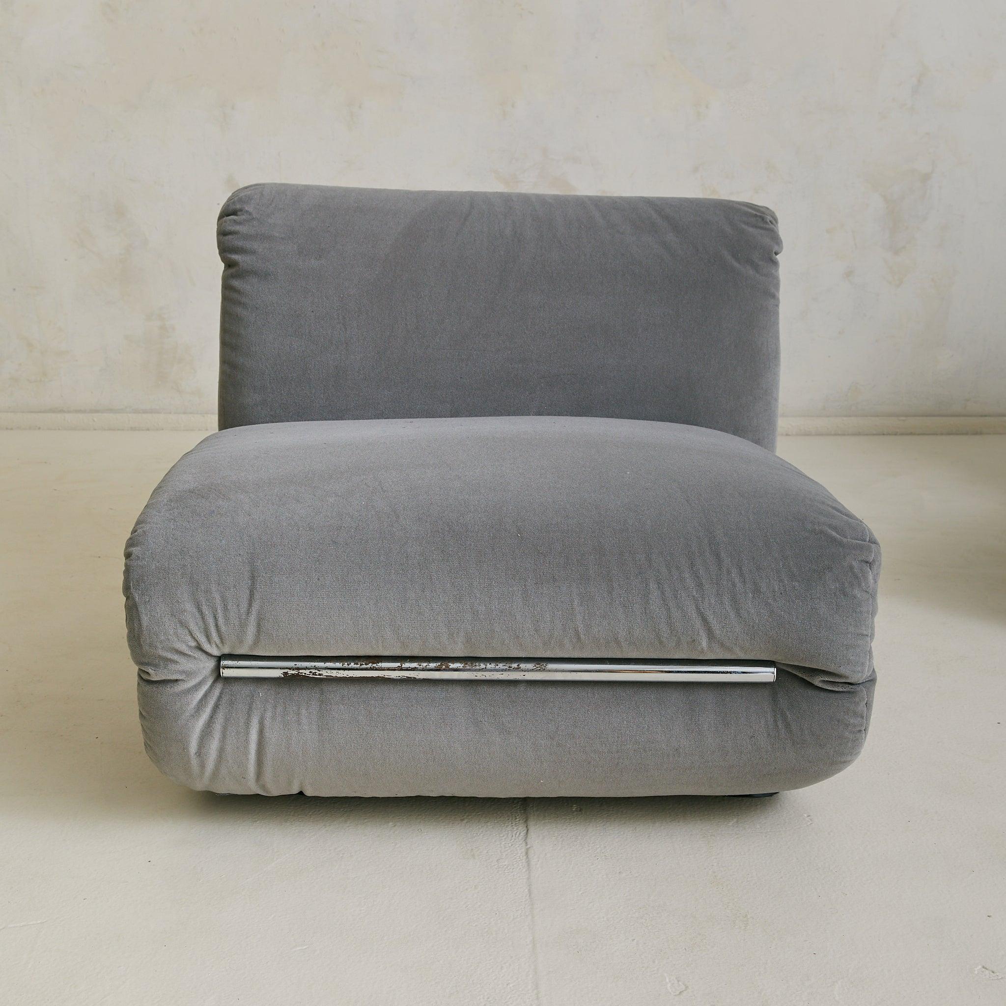 Velours Italian Chrome + Gray Velvet Lounge Chair, 1970s - 2 Available en vente