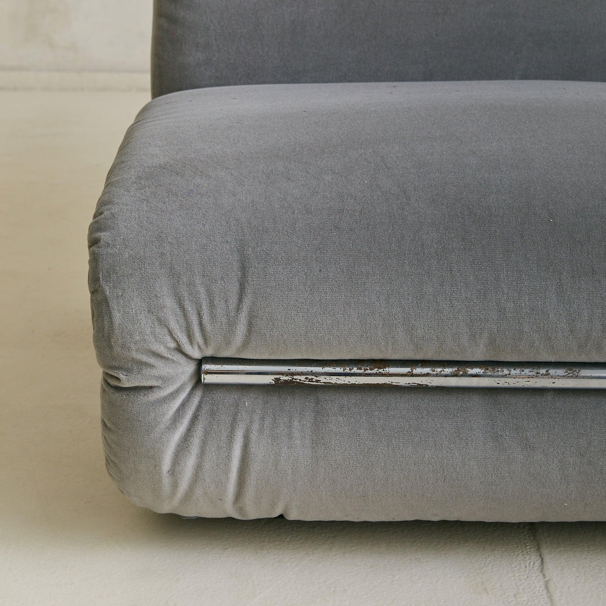 Italian Chrome + Gray Velvet Lounge Chair, 1970s - 2 Available en vente 1