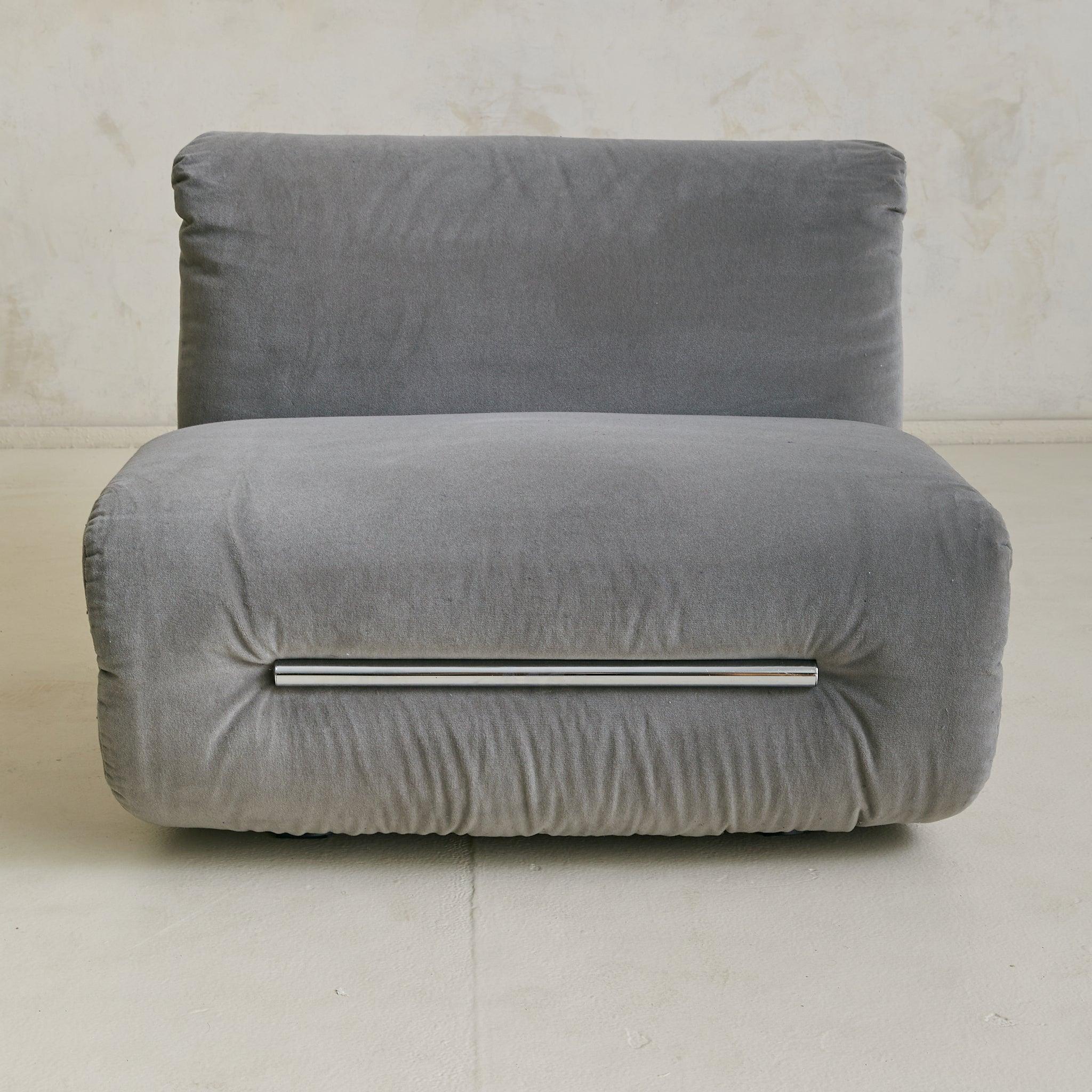 Italian Chrome + Gray Velvet Lounge Chair, 1970s - 2 Available en vente 2