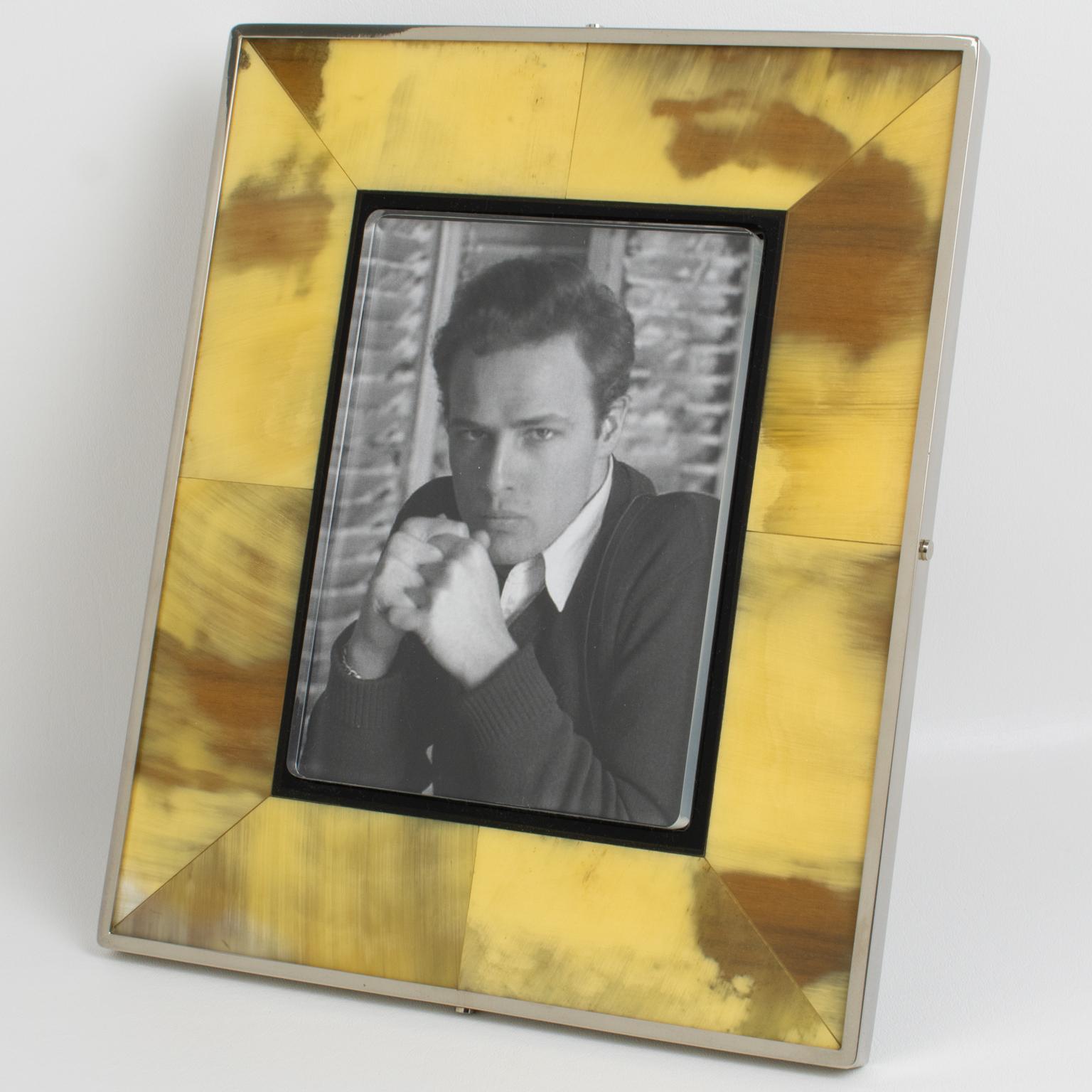 Mid-Century Modern Chrome and Horn Inlaid Picture Frame, circa 1970 For Sale