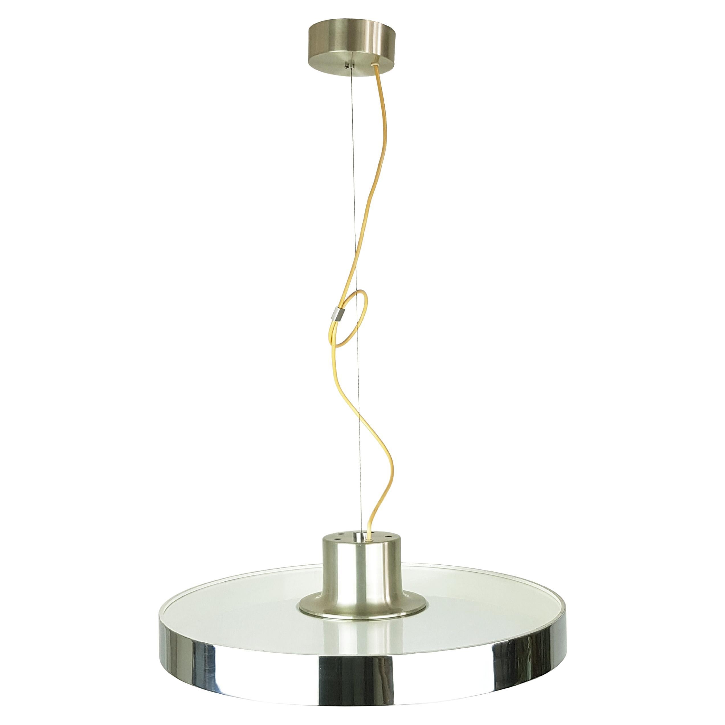 Italian Chrome Plated & Painted Metal, Glass & Aluminum 1970s Pendant Lamp For Sale