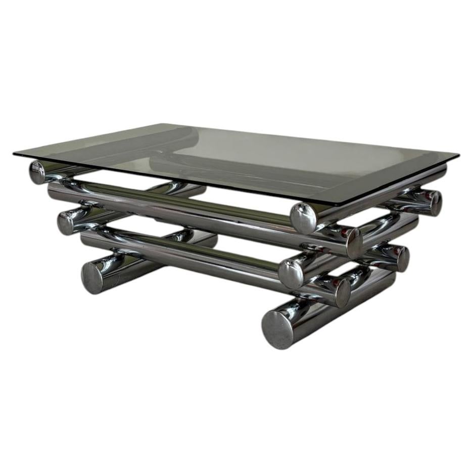 Table basse italienne en chrome et verre fumé, années 1970 en vente