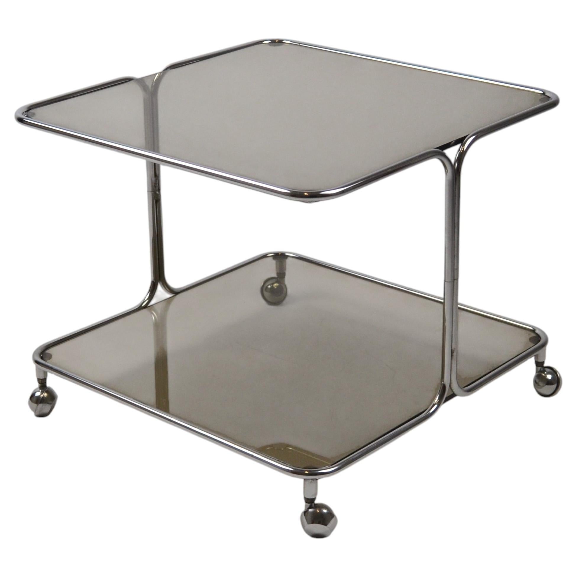 Italian Chrome & Smoked Glass Coffee Table on Casters, 1970s For Sale