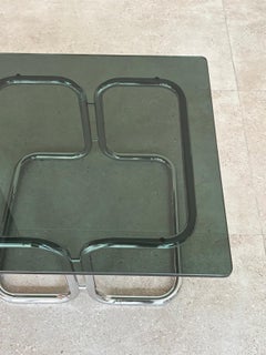 Italian Chrome & Smoked Glass square coffee table, 1970s Italy