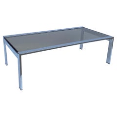 Italian Chrome Steel Smoked Glass Coffee Table Hollywood Regency 1970s Sofa