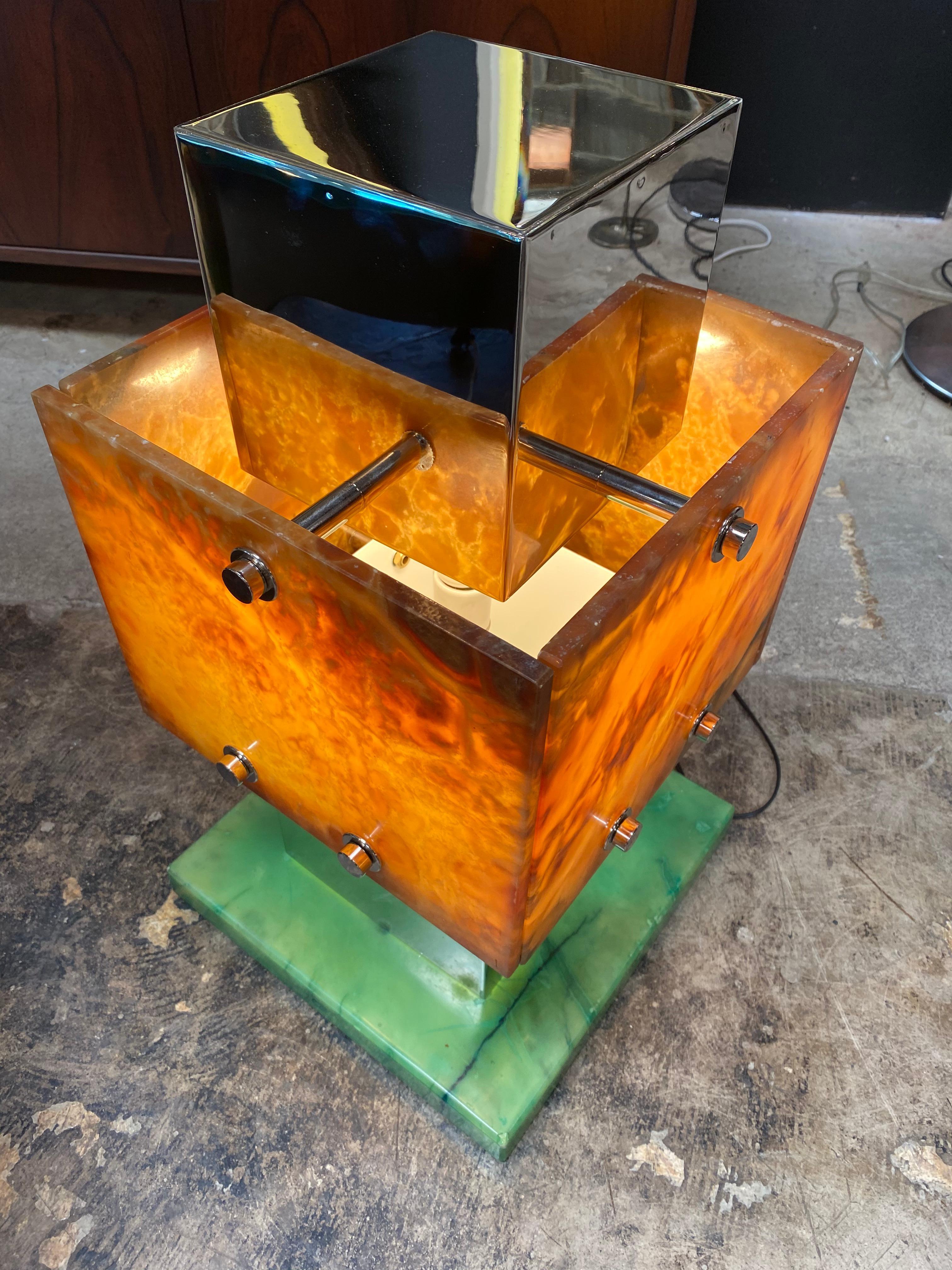 Italian Chrome Table Lamp and Amber Lucite Shade, 1970s In Good Condition In Los Angeles, CA