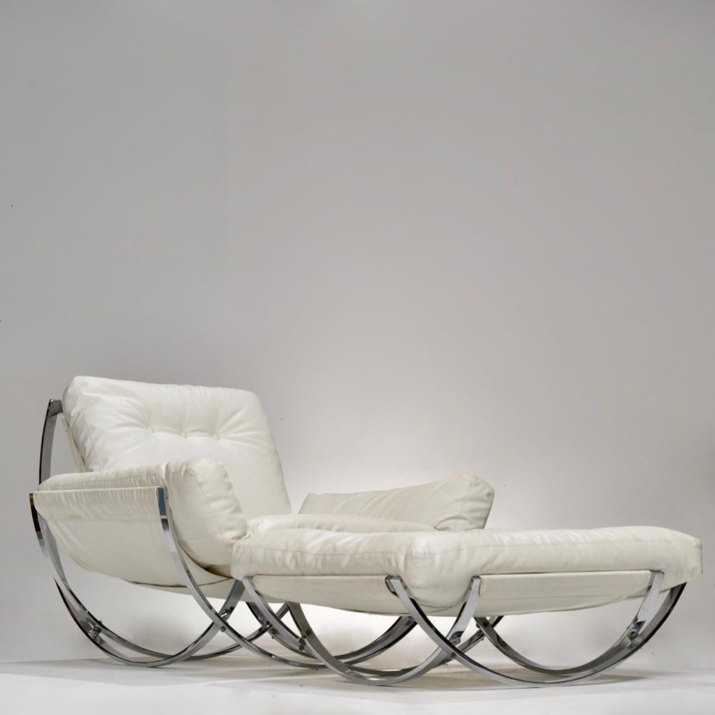 Mid-Century Modern Italian Chrome Tufted Lounge Chair and Ottoman by Stendig For Sale