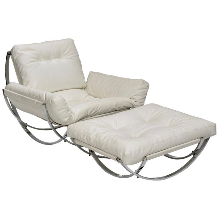 Italian Chrome Tufted Lounge Chair And, White Tufted Chair And Ottoman