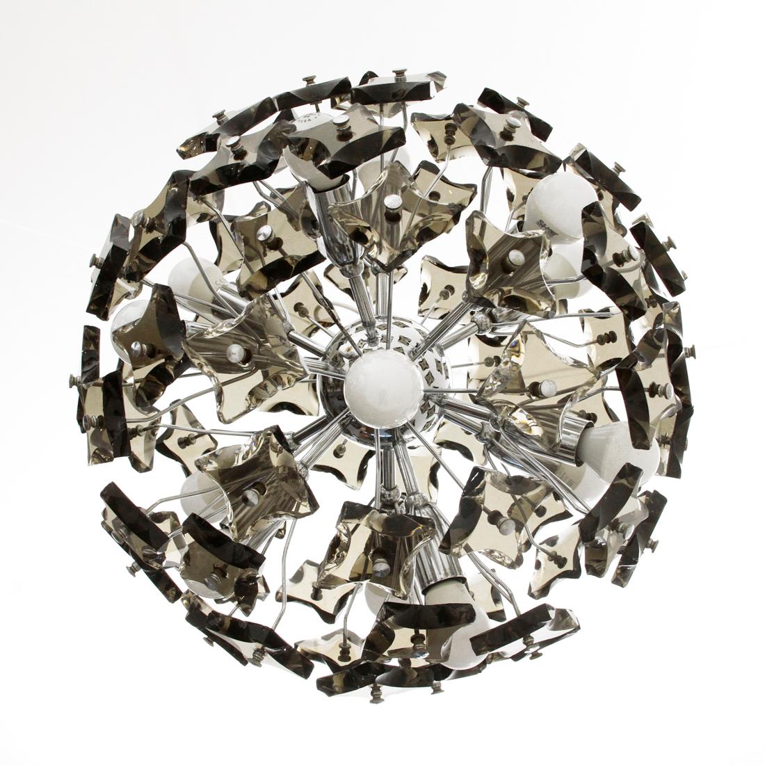Mid-Century Modern Italian Chromed and Smoked Glass Chandelier, 1970s For Sale