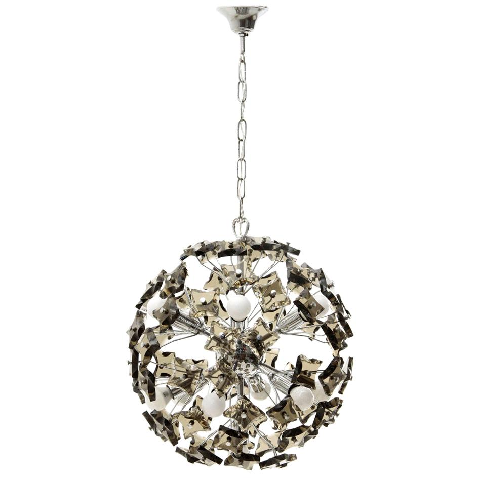 Italian Chromed and Smoked Glass Chandelier, 1970s For Sale