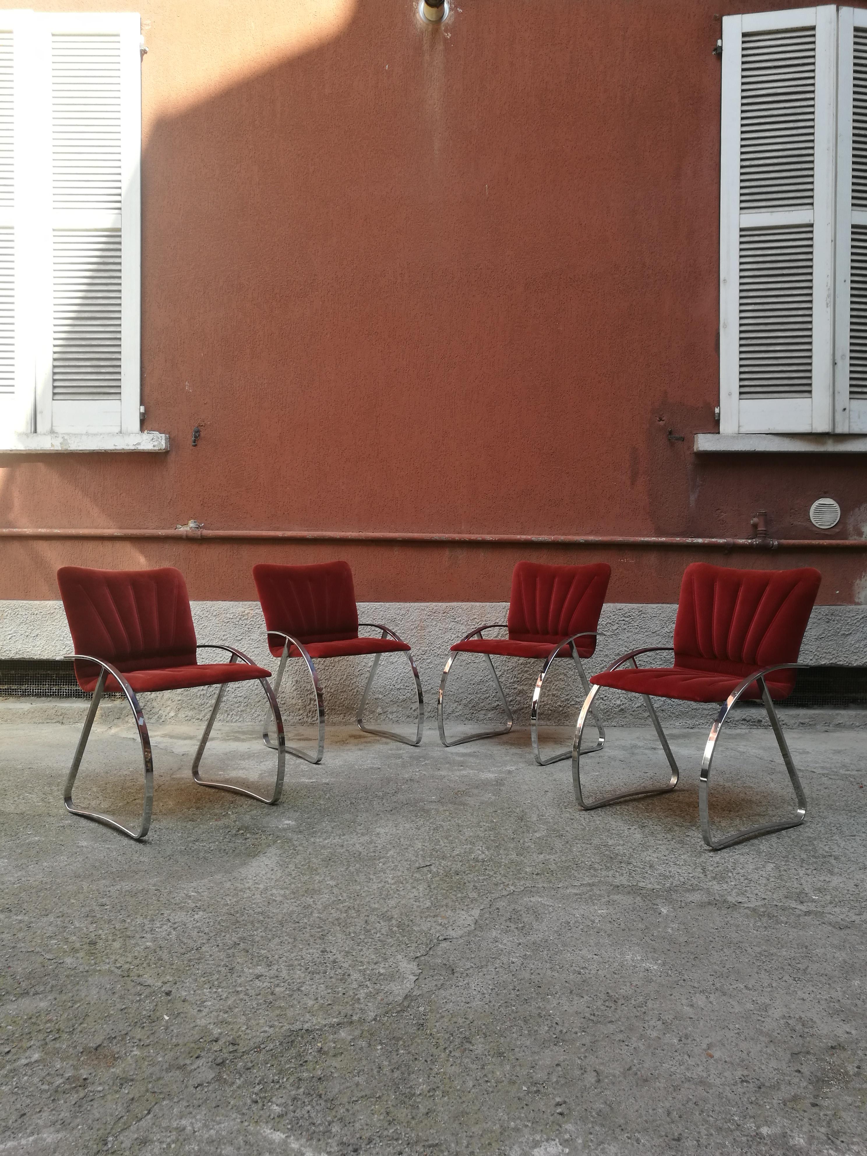 Mid-Century Modern Italian Chromed Metal and Red-Brick Velvet, Dining Chairs, 1970s