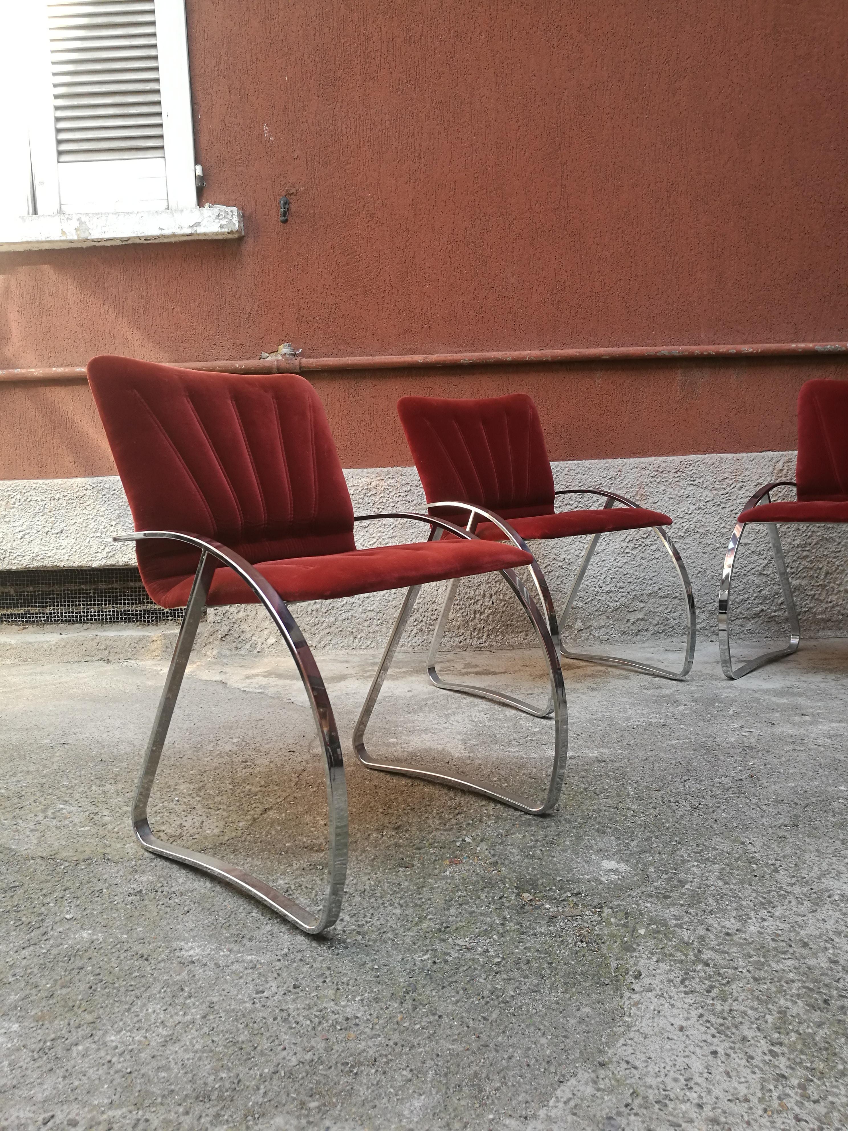 Italian Chromed Metal and Red-Brick Velvet, Dining Chairs, 1970s In Good Condition In MIlano, IT
