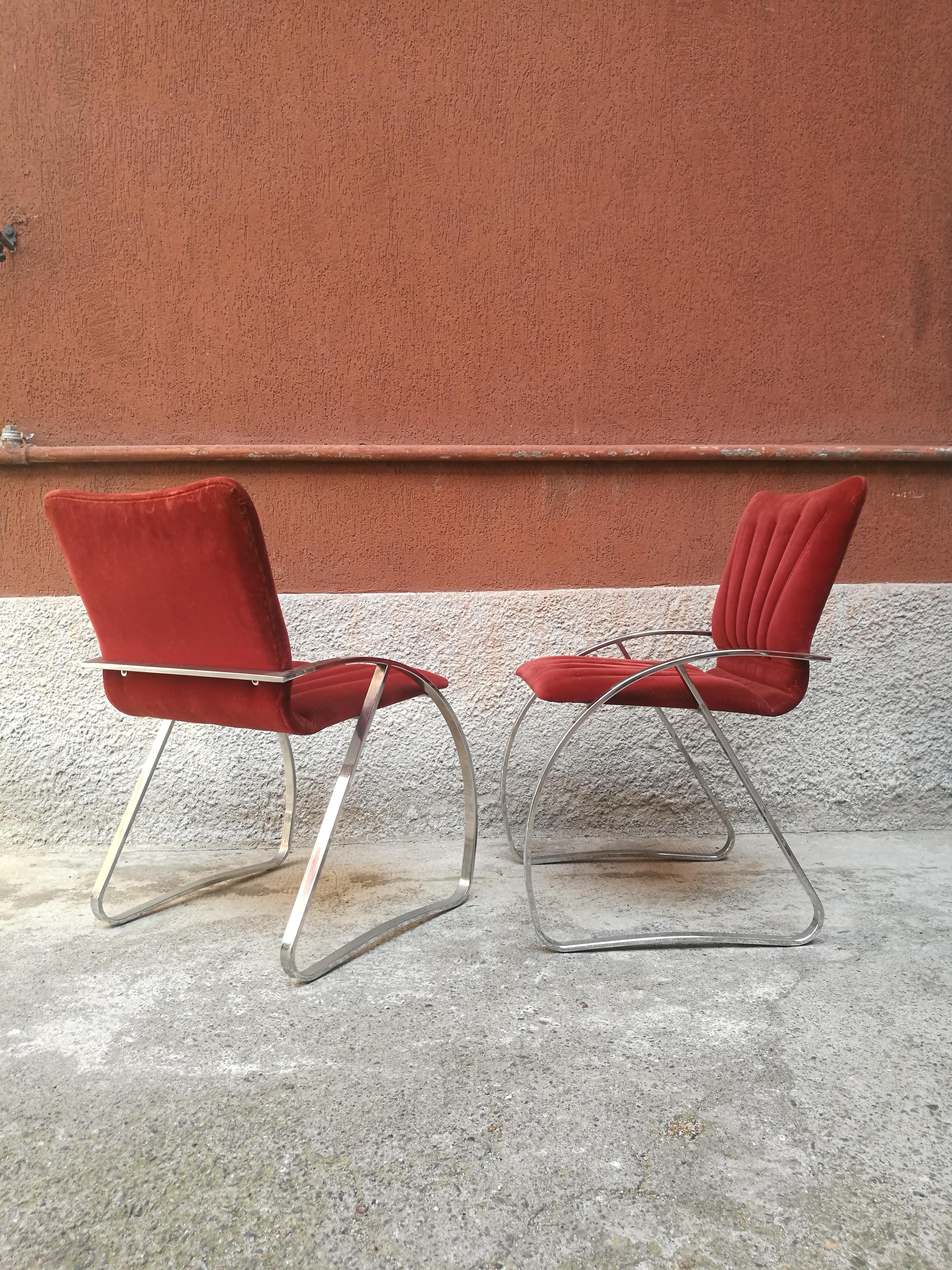 Late 20th Century Italian Chromed Metal and Red-Brick Velvet, Dining Chairs, 1970s