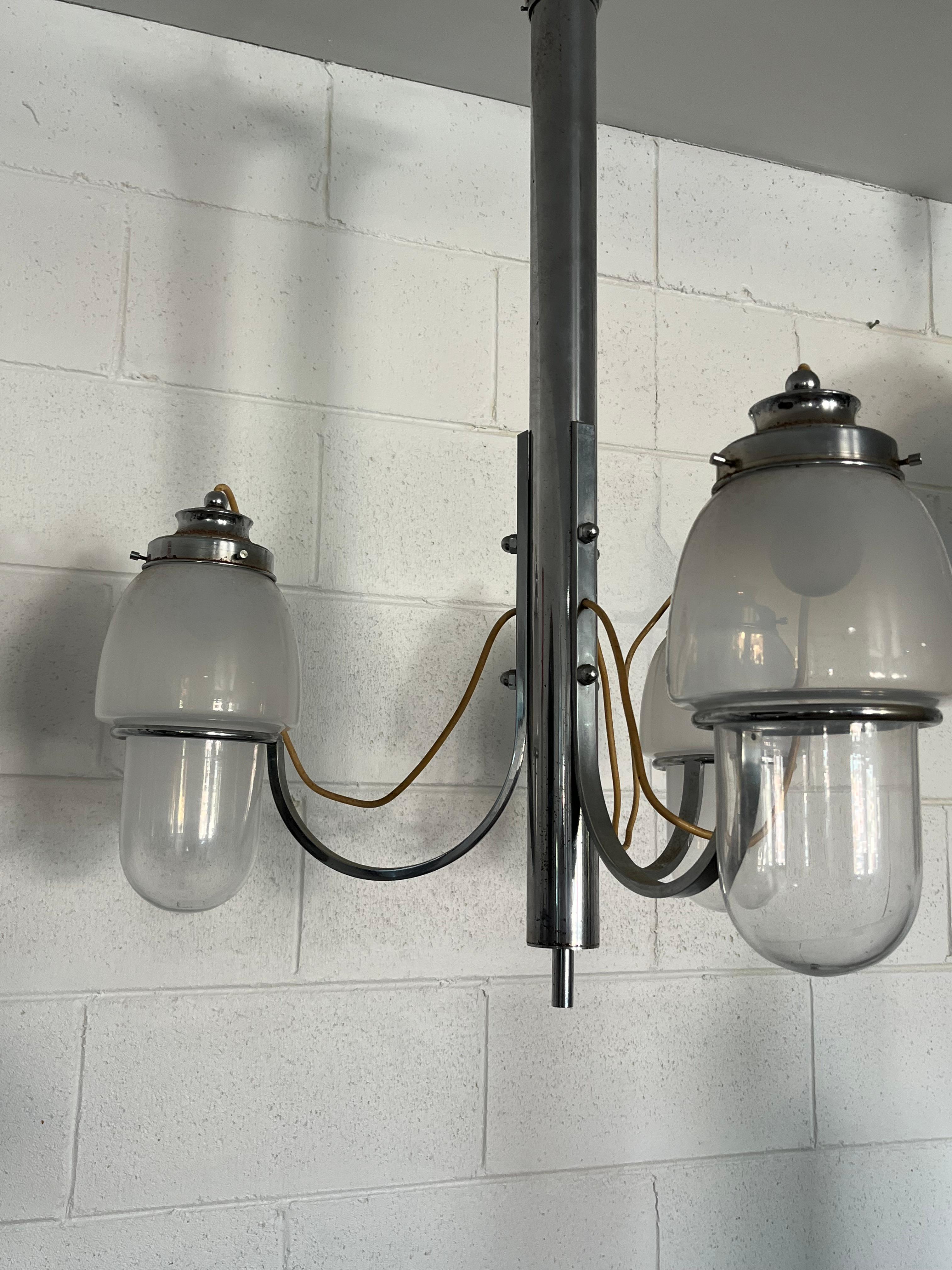 Late 20th Century Italian Chromed Pendant Light with Three Glass Bulbs 1970s For Sale