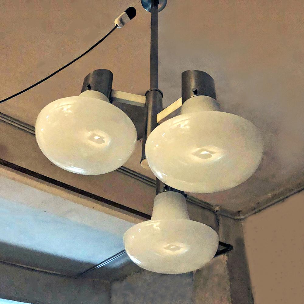 Post-Modern Italian Chromed Steel and Opaline Glass Three-Light Ceiling Lamp, 1970s