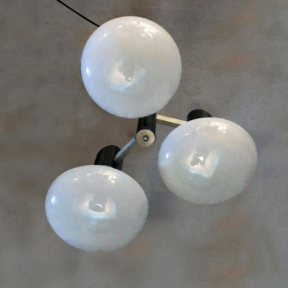 Italian Chromed Steel and Opaline Glass Three-Light Ceiling Lamp, 1970s In Good Condition In MIlano, IT