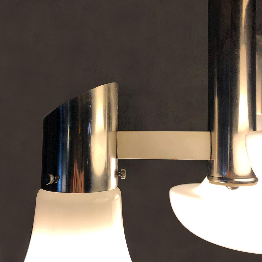 Late 20th Century Italian Chromed Steel and Opaline Glass Three-Light Ceiling Lamp, 1970s