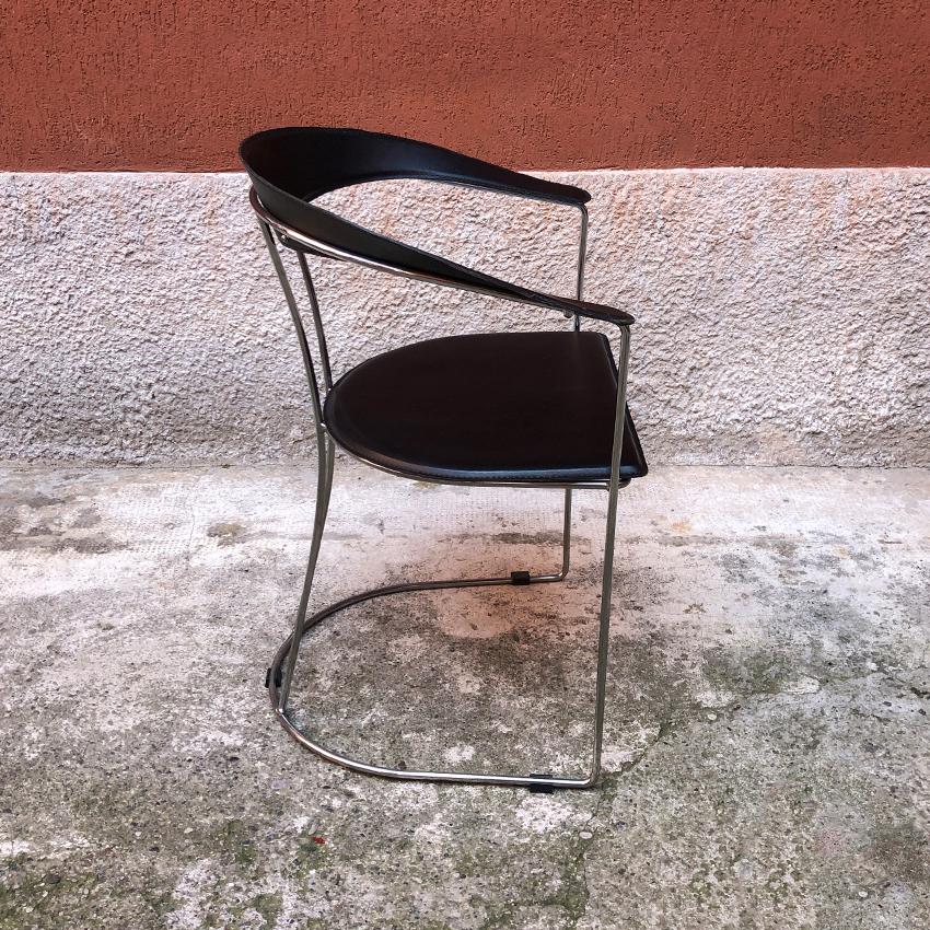 Post-Modern Italian Chromed Steel, Metal and Black Leather Chairs, 1980s For Sale