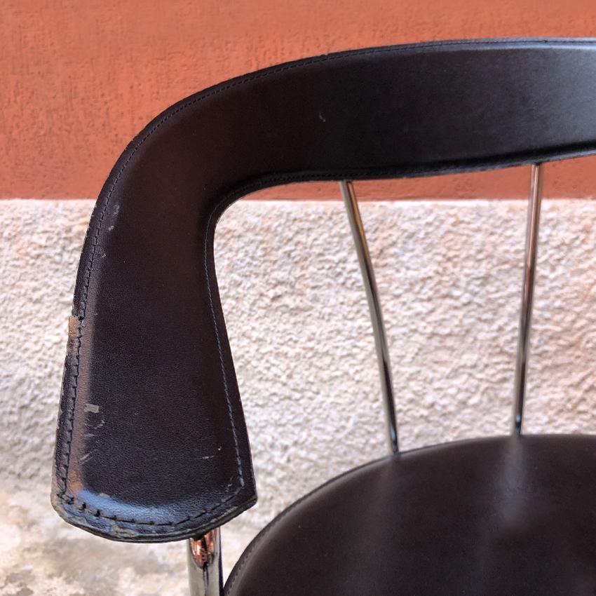 Italian Chromed Steel, Metal and Black Leather Chairs, 1980s In Good Condition For Sale In MIlano, IT