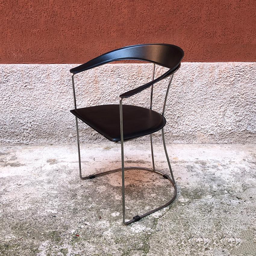 Italian Chromed Steel, Metal and Black Leather Chairs, 1980s For Sale 1